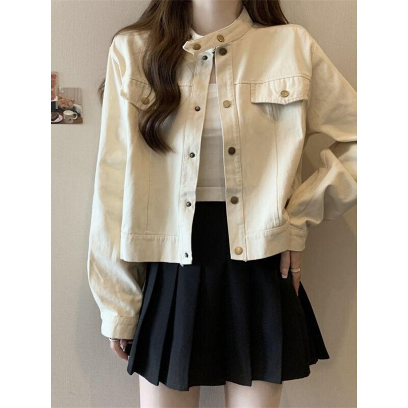 Plus-Size Women's Long-Sleeve Stand-Collar Coffee-Colored Jacket, New Autumn Style for Women, Slimming Loose Short Retro Jacket, Trendy