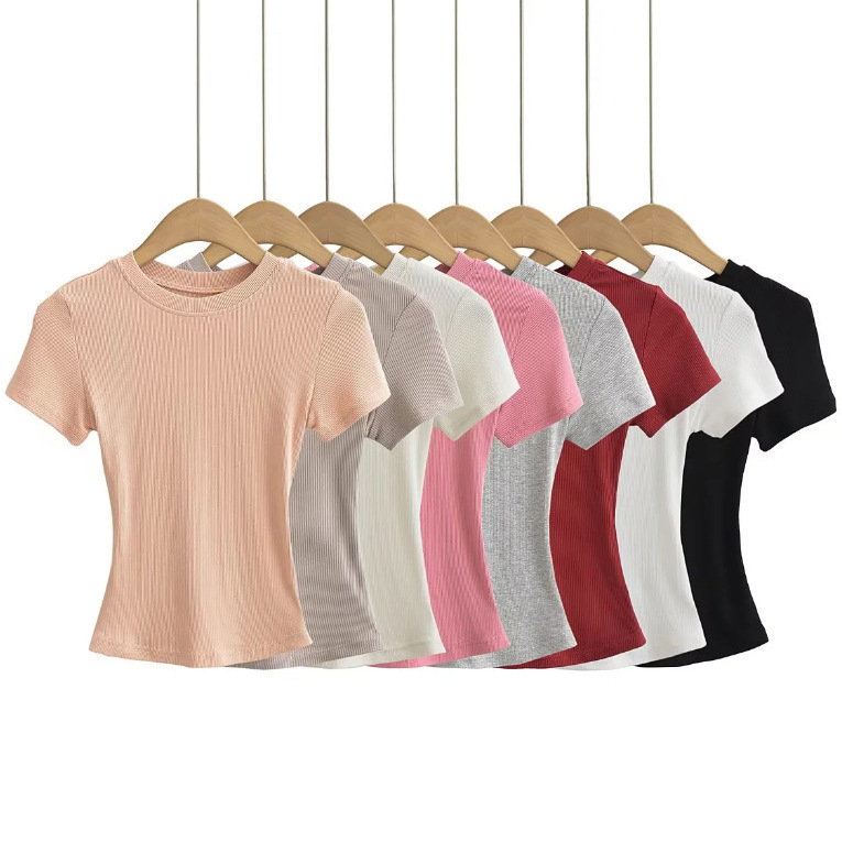 25 Summer New Female American Style Spice Kardashian Solid Color Round Neck Short Sleeve T-Shirt Basic Thread Base Top