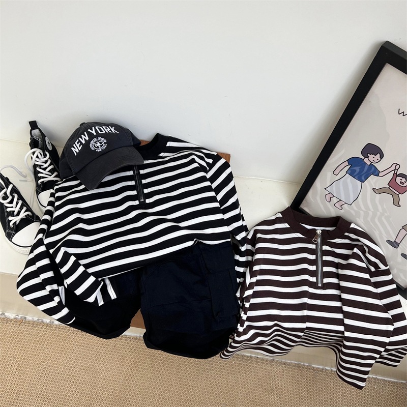 2024 Herbst Kinder American Half Zipper Striped Hoodie für Jungen und Mädchen, Loose Bottom Cotton Langarm Trendy_voghion.com