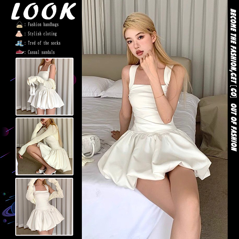 White Spice Girl Sling dress Women's Summer Elegant Sexy Tight Waist Slimming Princess Puff Skirt Short Skirt