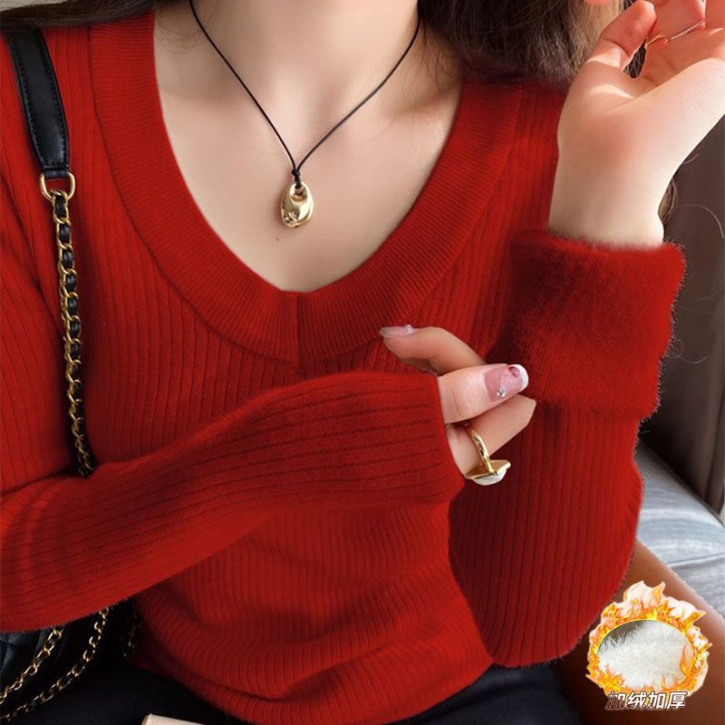 Christmas Red Sweater V-Neck Fleece-Lined Base Shirt for Women, Autumn and Winter Inner Wear, 2025 New Thickened Slim-Fit Warm Top