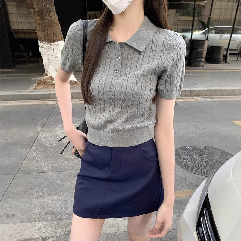 Ashi Mi Polo Neck Neck Pattern Shoulder Base Short Knitted Top for Small Women All-match Knitted Short-sleeved Women Ashi Mi Polo Neck Neck Pattern Shoulder Base Short Knitted Top for Small Women All-match Knitted Short-sleeved Women