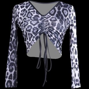 Latin dance clothing drawstring top women's new national pleated standard modern top wear navel dancing clothes V-neck adult long sleeve