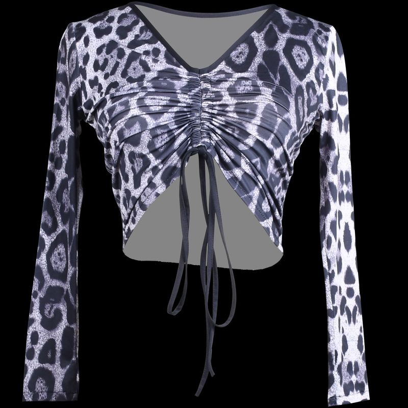 Women girls leopard Latin ballroom dance tops long sleeves ballroom rumba chacha drawstring top modern top and navel dancing suit V-neck short top for adult 