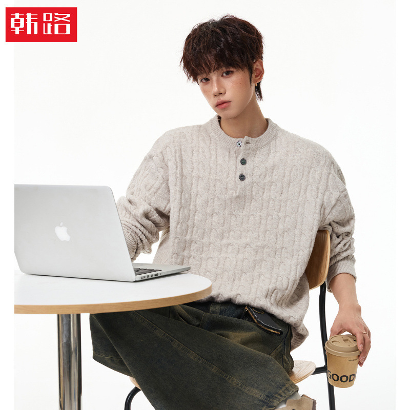 Hanlu | Old Money Style Henley Collar Half-Zip Sweater for Men, Loose Casual Japanese Retro Pullover Knitwear for Autumn and Winter Hanlu | Old Money Style Henley Collar Half-Zip Sweater for Men, Loose Casual Japanese Retro Pullover Knitwear for Autumn and Winter