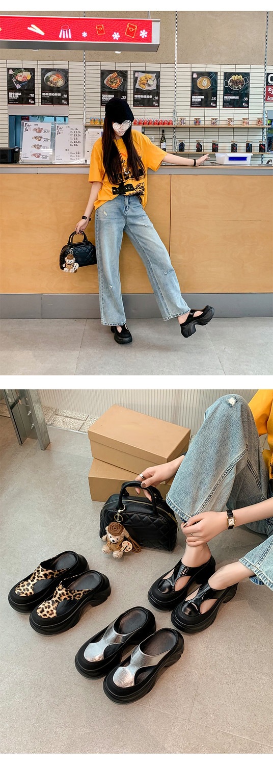 Dép sandal nữ da thật họa tiết da báo đế xuồng cao gót 9 cm — Trang chủ, màu đen, bạc chi tiết 46
