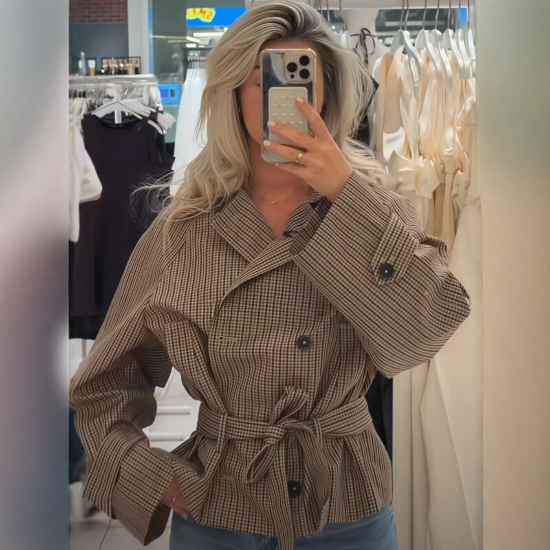 2026TK Internet celebrity retro plaid short autumn new style lace-up waist jacket British style double-breasted jacket top 2026TK Internet celebrity retro plaid short autumn new style lace-up waist jacket British style double-breasted jacket top