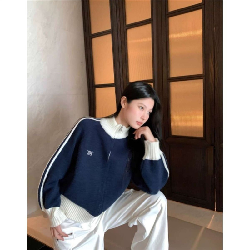 美式复古条纹外套女款春秋季拉链立领针织毛衣短款棒球服|undefined