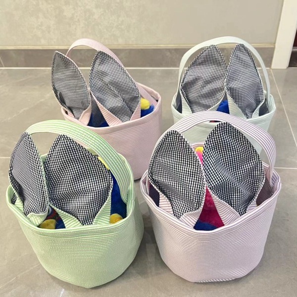 兔耳包复活节彩蛋收纳篮节庆儿童装饰手提桶包泡泡纱单色手包