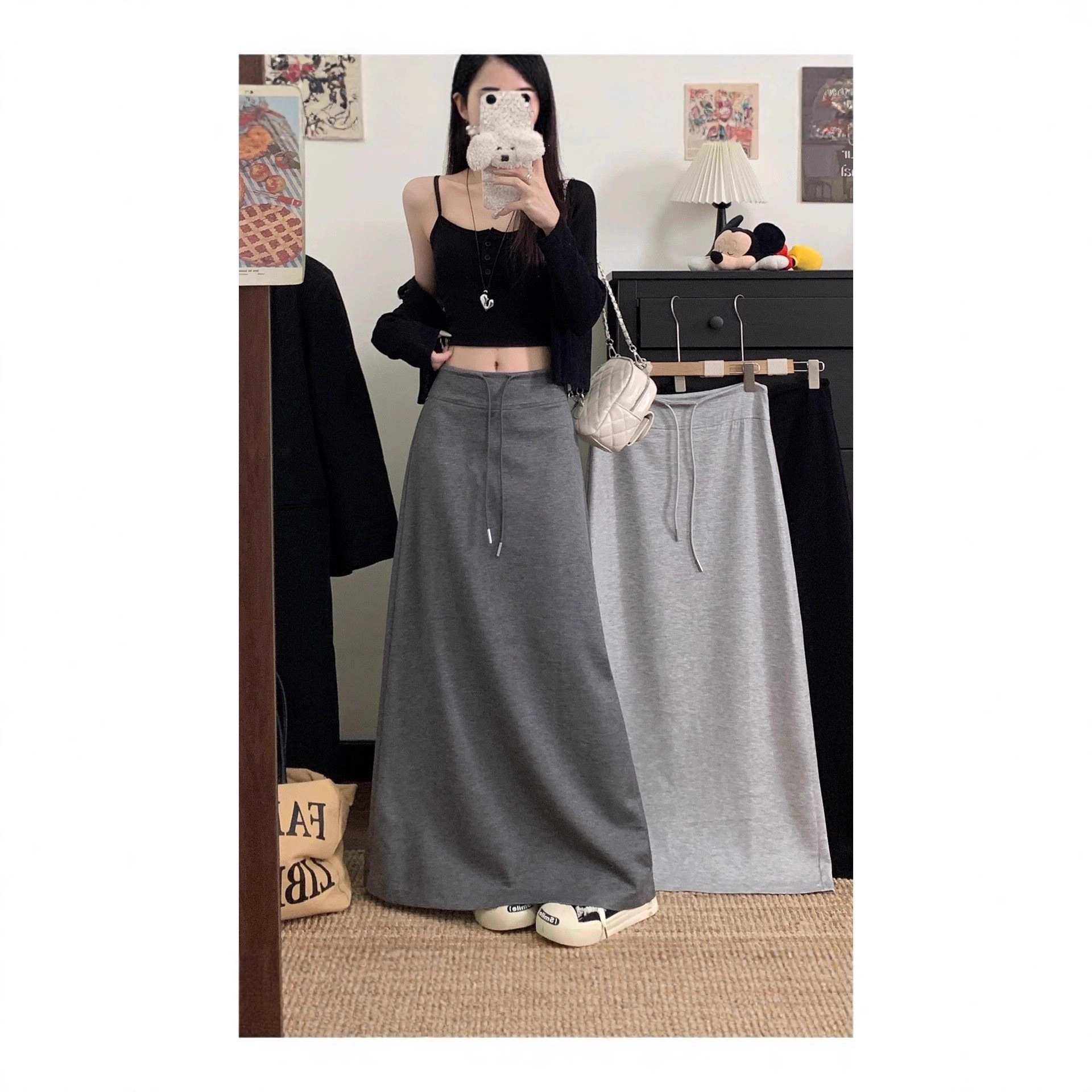 Dark Gray Drawstring Skirt for Women in Autum, Lazy Style, Versatile High-Waisted Straight Skirt, Loose Skirt, A-Line Long Skirt
