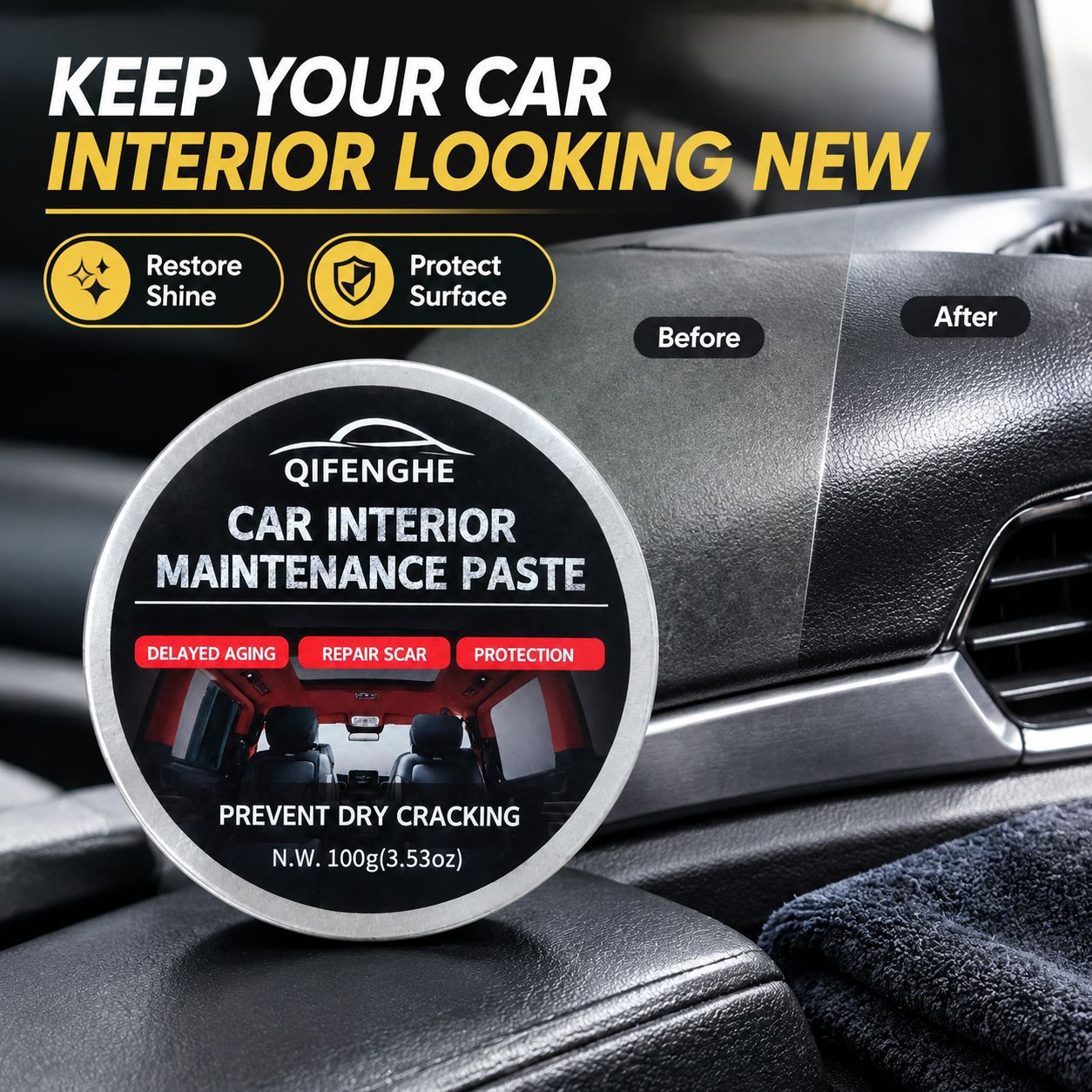 QIFENGHE car interior care cream, leather and plastic dashboard wax, for scratch repair, stain removal, polishing, and refurbishment