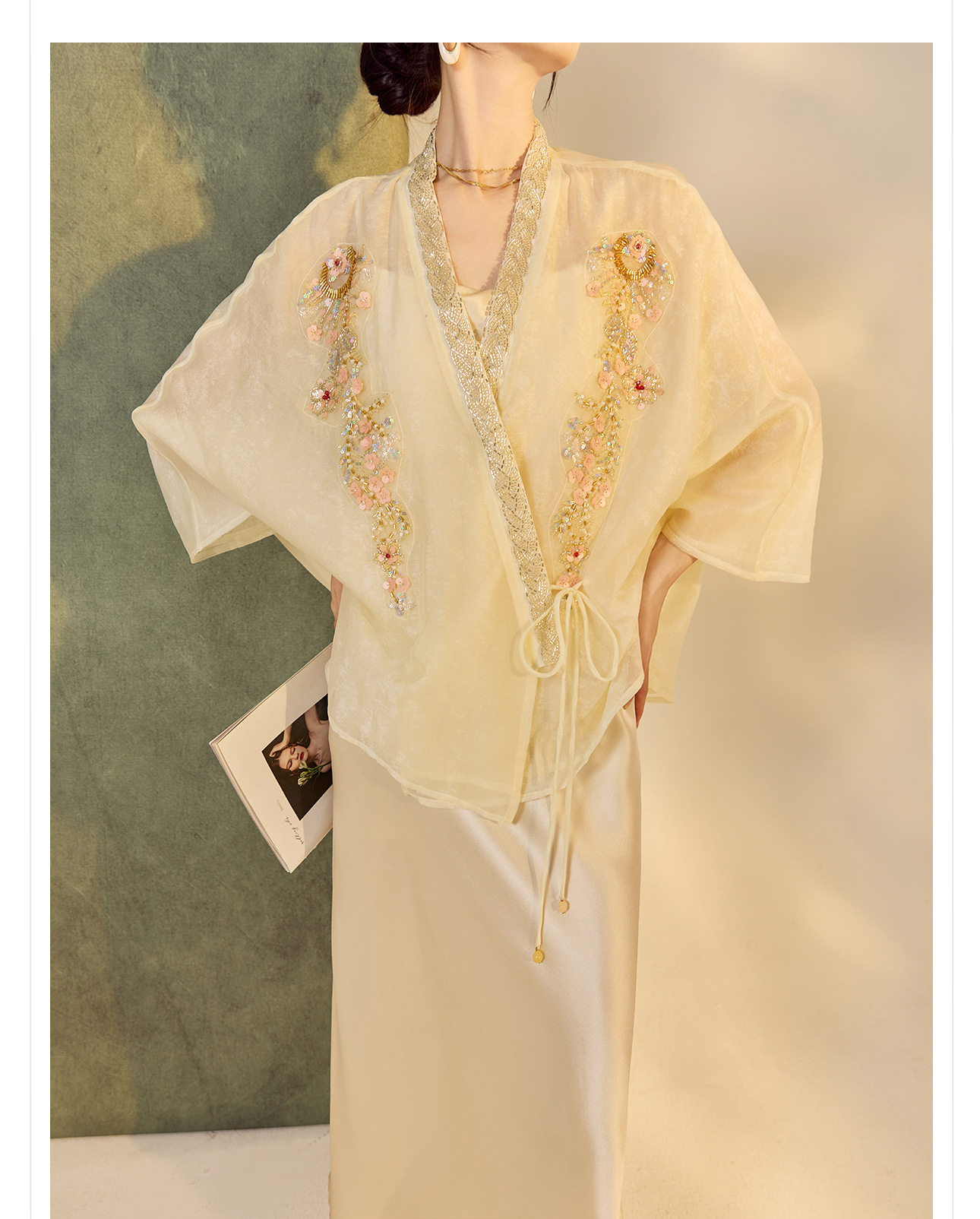 Áo cardigan nữ dáng rộng Tencel thêu hạt phong cách Trung Hoa — hồng, mơ chi tiết 13