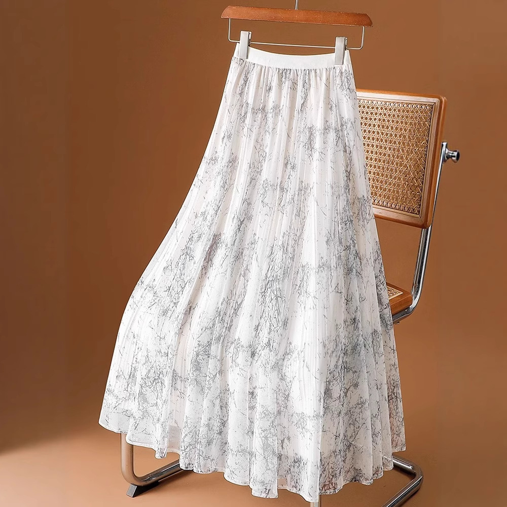Two-sided high-end printed gauze skirt skirt women's spring and summer 2025 new pleated skirt mesh large swing long skirt