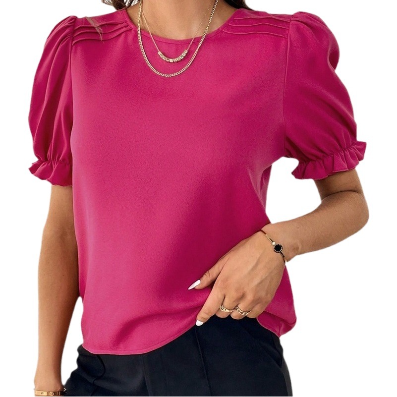 Camiseta de Cuello Redondo de Color Sólido, Elegante y a la Moda, para Mujer, Estilo Europeo y Americano, Nueva Colección Verano 2026, Amazon TikTok Temu image 1
