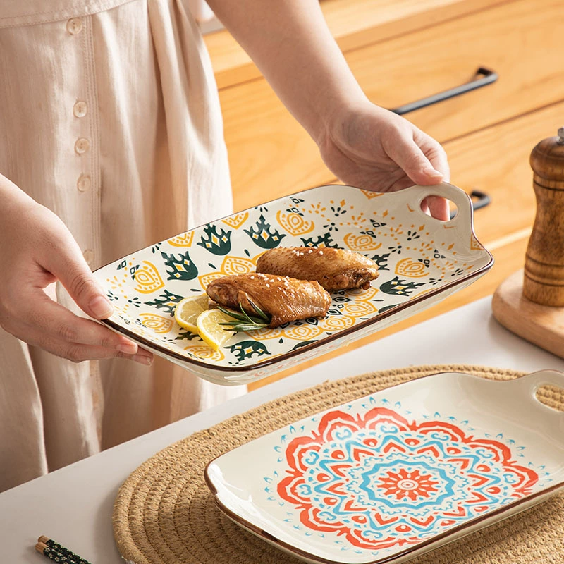 Rectangular big Japanese ceramic tableware for home use, boho style