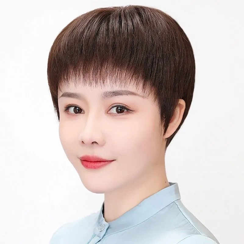 女性用ウィッグ ショートストレートヘア 本物の髪 中高年のお母さん向けの本物の髪のフルウィッグ 軽くて通気性の良い薄い本物の髪|undefined