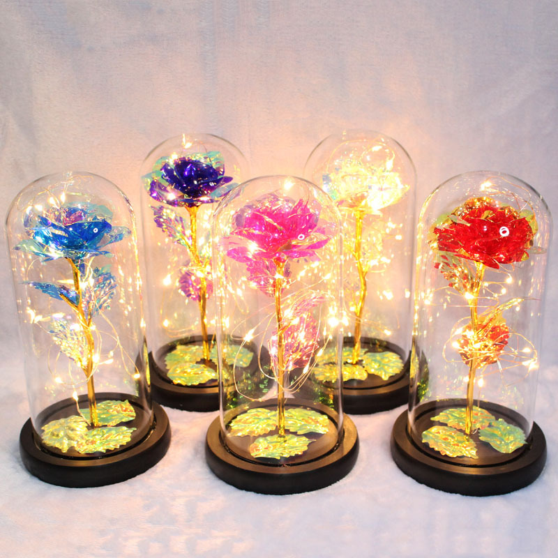 Everlasting flower LED lights gold rose trefoil dome glass cover Christmas mother Chinese Valentine's Day birthday gift