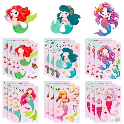 6 pieces/pack Mermaid Face Change Stickers Mermaid Princess Cartoon Parent-Child Interactive Diary DIY Puzzle Stickers