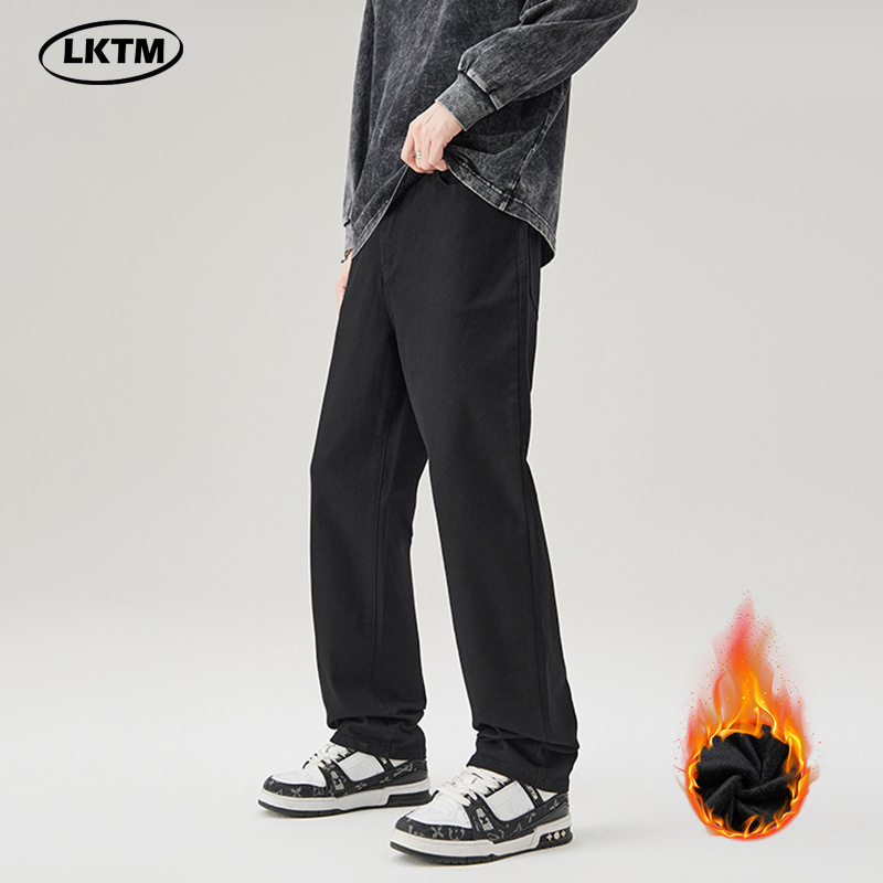 LKTM男装#秋冬加绒加厚款纯色弹力牛仔裤男基础款百搭修身直筒裤