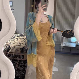点翠  新中式国风禅意女装金色吊带连衣裙套装女2026新款新娘晨袍