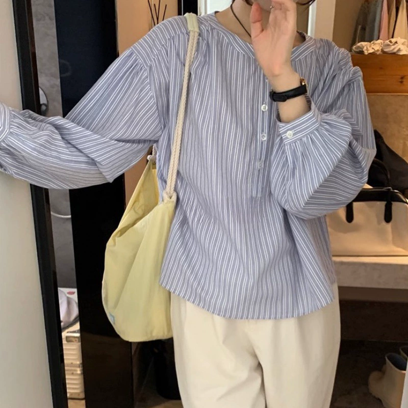 Женская рубашка с круглым вырезом в корейскую полоску, лето-осень 2025, новый стиль, простой, модный, романтический дизайн, нишевый топ для поездок на работу