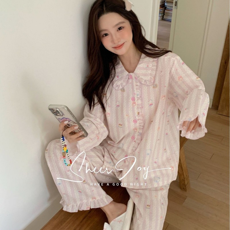 New Xiaohongshu Pure Cotton Class a Gauze Women's Loungewear Long-Sleeved Long Pants Pajamas for Women Autumn Jasmine Tea