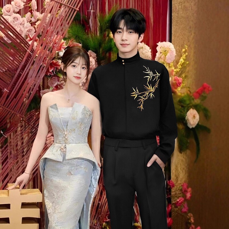 New Chinese Style Men's Engagement Wear Shirt Suit, High-End, Handsome, Iron-Free Bamboo Leaf Embroidered Stand-Up Collar Long-Sleeved Shirt New Chinese Style Men's Engagement Wear Shirt Suit, High-End, Handsome, Iron-Free Bamboo Leaf Embroidered Stand-Up Collar Long-Sleeved Shirt