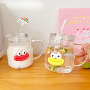 Ins Wind Glass Cup with Lid and Handle Cute Straw Water Cup for Girls Mug Couple's Household Flower Tea Cup