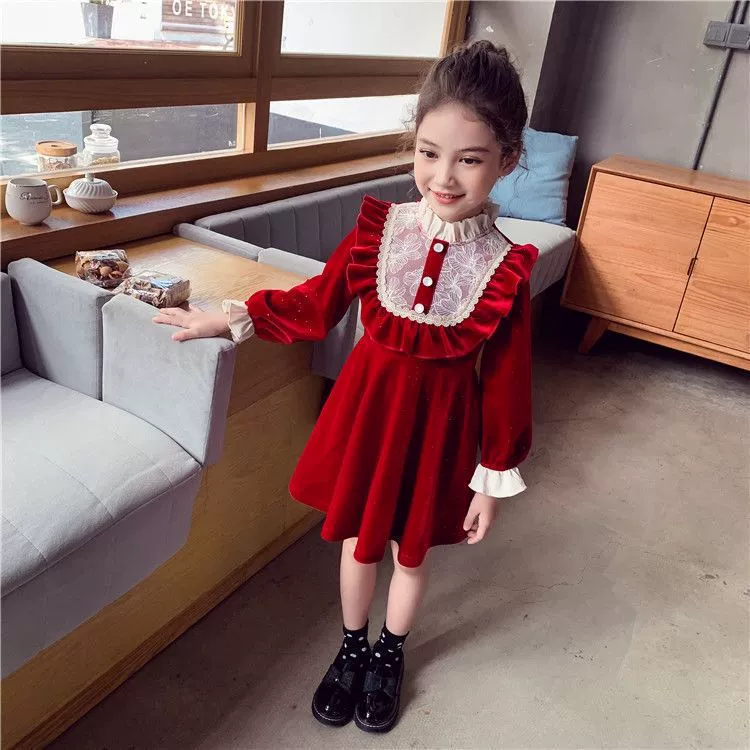 Платье принцессы, весеннее хлопковое детское женское красное платье в Корейском стиле, однотонное платье с длинным рукавом, 2020