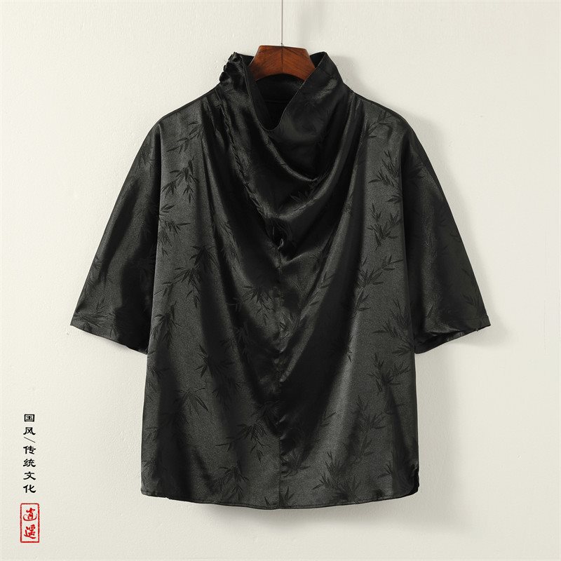 Chinese Style High-Neck Jacquard Hidden Pattern Niche Design Leaf-Patterned Ice Silk T-Shirt T39-P65控88