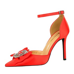 9863-H32 Korean hollow high heeled shoes with pointed silk satin rhinestone buckle and bow tie, with sandals and high he