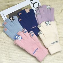 熊猫头手套冬天女保暖防寒触屏学生五指骑行秋冬触摸屏跨境热卖