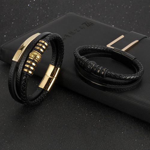 Cross-border stainless steel retro leather braided bracelet for men, titanium steel magnetic clasp multi-layer braided bracelet accessory wholesale