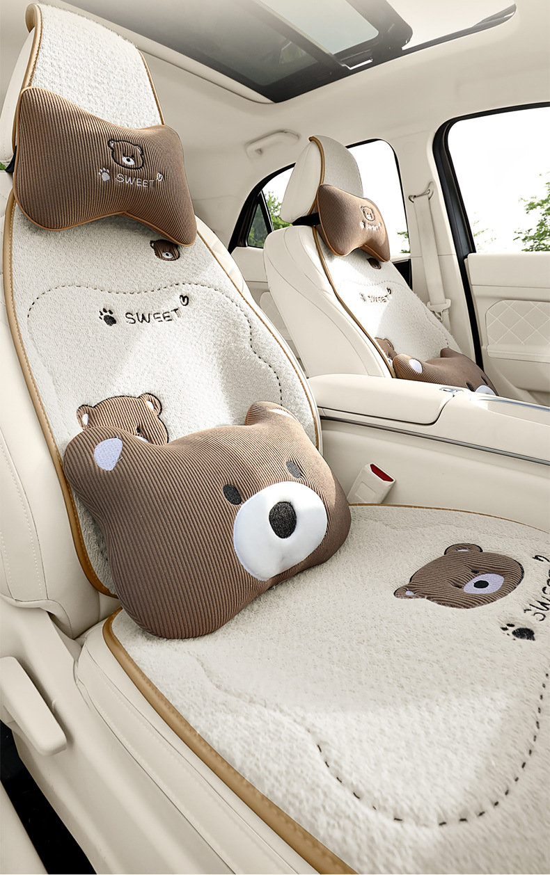 Winter Plush Bear Car Seat Cushion Car Cushion Neck Pillow Winter Warm Car Interior Supplies