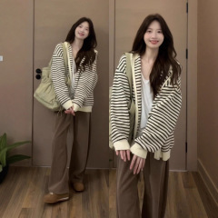美式撞色条纹软糯毛衣外套女秋季慵懒风宽松显瘦别致连帽开衫上衣