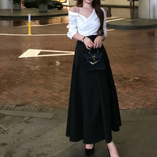 许我耀眼 许妍第一集秋季新款韩系气质修身露肩吊带长袖衬衫+半裙