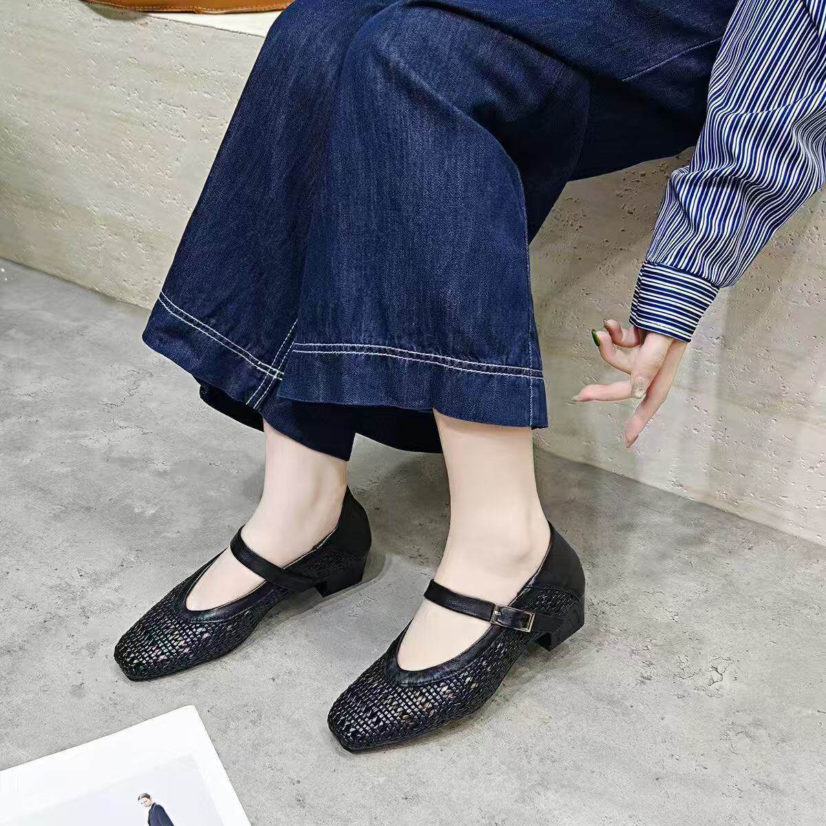Sandal nữ da thật mũi vuông dệt rỗng gót thô thấp 4 cm — màu be