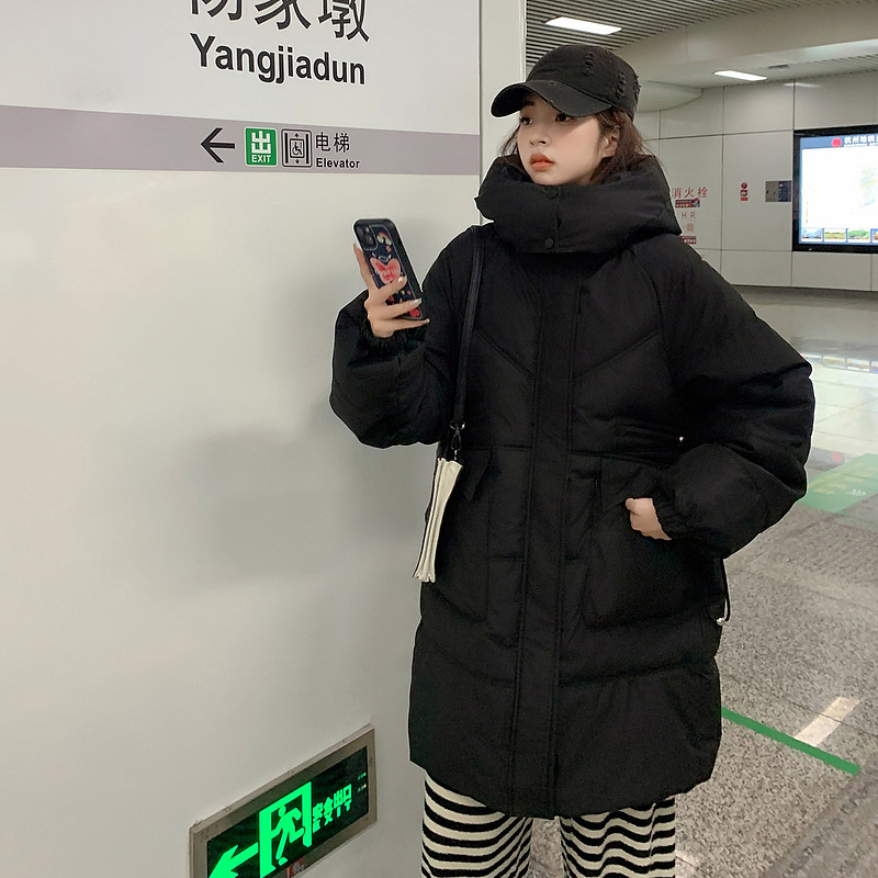 Coreana de estilo largo y medio de invierno de mujer 2023 nuevo suelto y grueso estudiantes con chaqueta negra encapuchada