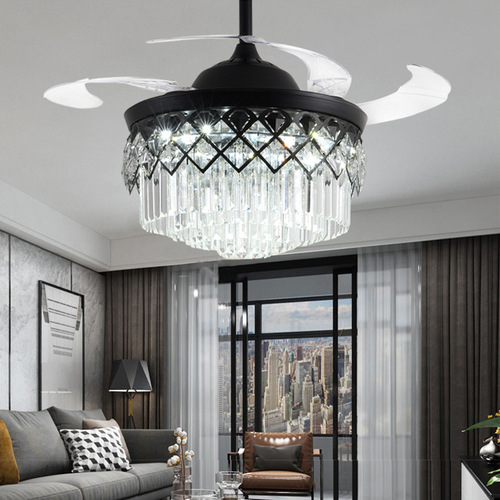 European invisible fan lamp home crystal chandelier frequency conversion living room bedroom restaurant ceiling fan lamp with light fan wholesale