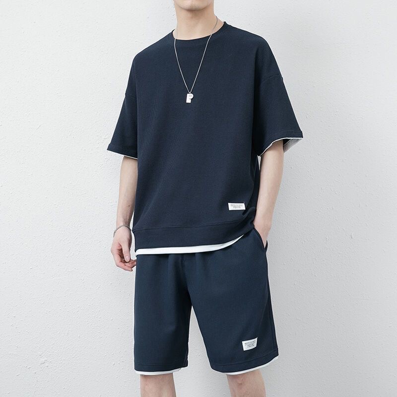 Summer Ice Silk Thin Quick-Drying Short-Sleeved T-Shirt Casual Suit Men's Sports Shorts Men's Large Size Suit for Young and Middle-Aged Men