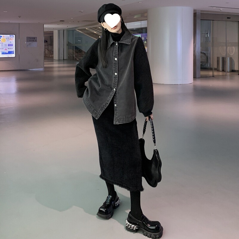 2025秋冬新款设计感宽松羊羔拼袖衬衫外套+仿羊羔马甲两件套套装|undefined