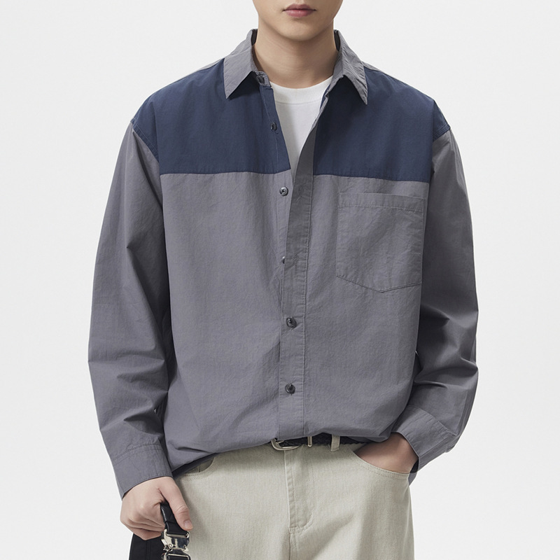 Trendy brand men's cotton-linen shirt with a turn-down collar, American-style patchwork and contrasting colors, casual long-sleeve jacket, 2026, extremely good-looking shirt Trendy brand men's cotton-linen shirt with a turn-down collar, American-style patchwork and contrasting colors, casual long-sleeve jacket, 2026, extremely good-looking shirt
