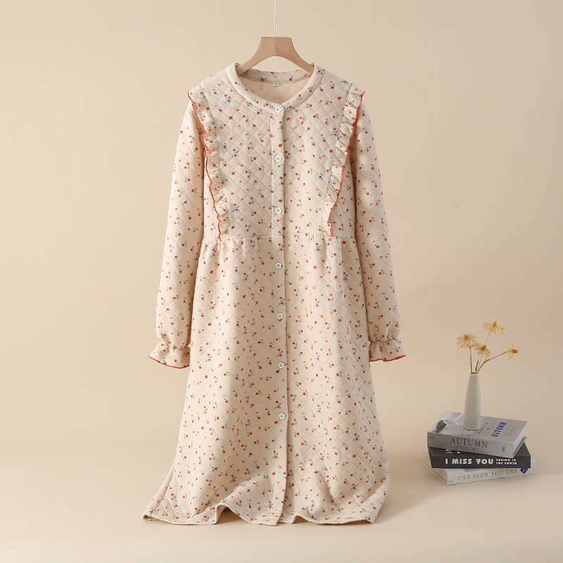 秋冬の女性の純綿の3層の空気綿の中間層の長袖のパジャマの冬の綿の保温の甘い家庭服の月子服