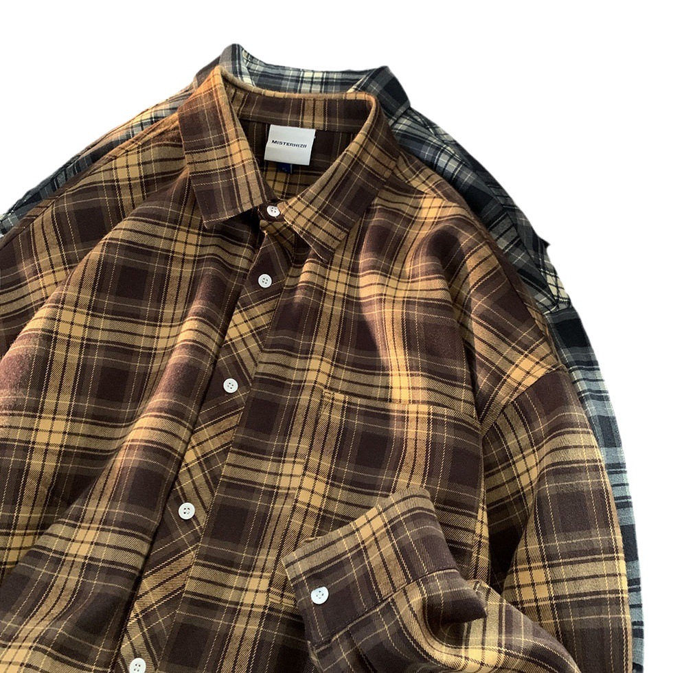 Otoño Hong Kong estilo camisa a cuadros hombres Pu guapo de alta calidad camisa de manga larga de moda marca de moda estilo japonés Capa delgada interior