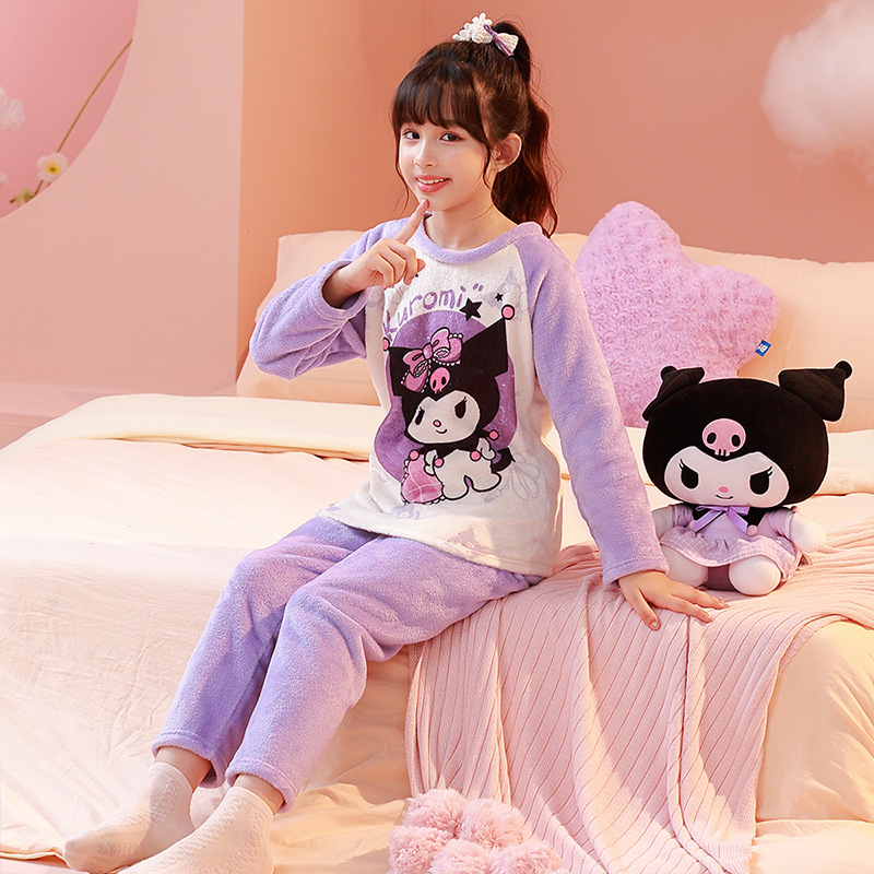 2025 invierno ropa infantil de franela dibujos animados cuello redondo pijamas de manga larga niñas chaqueta caliente set de ropa para el hogar supermercado