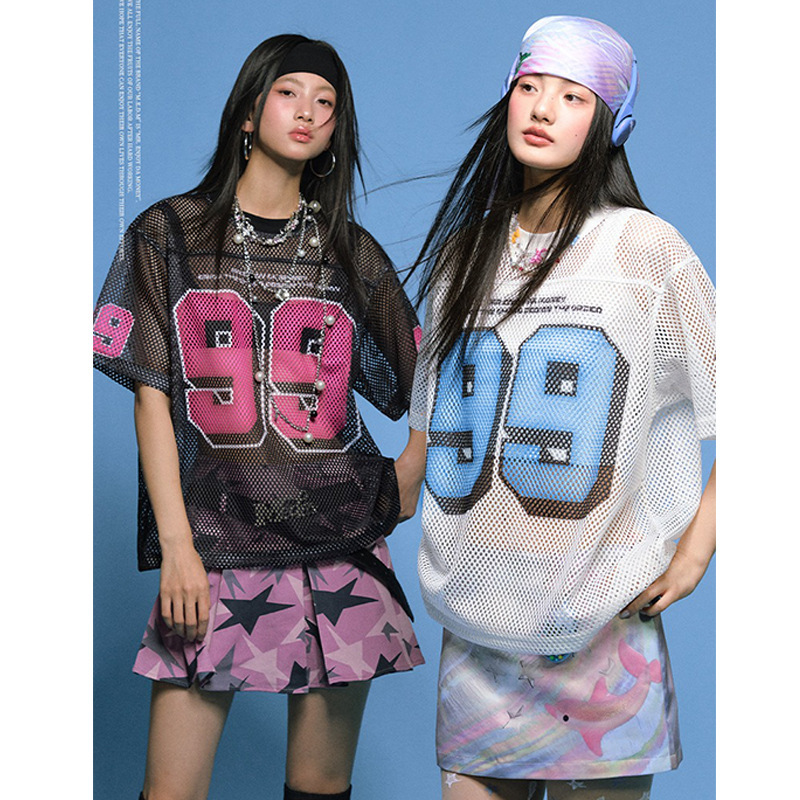 American Summer Wide Version Mesh Ball Suit Polygonal Mesh Loose Short-Sleeved Casual Sports Printed Men's T-Shirt