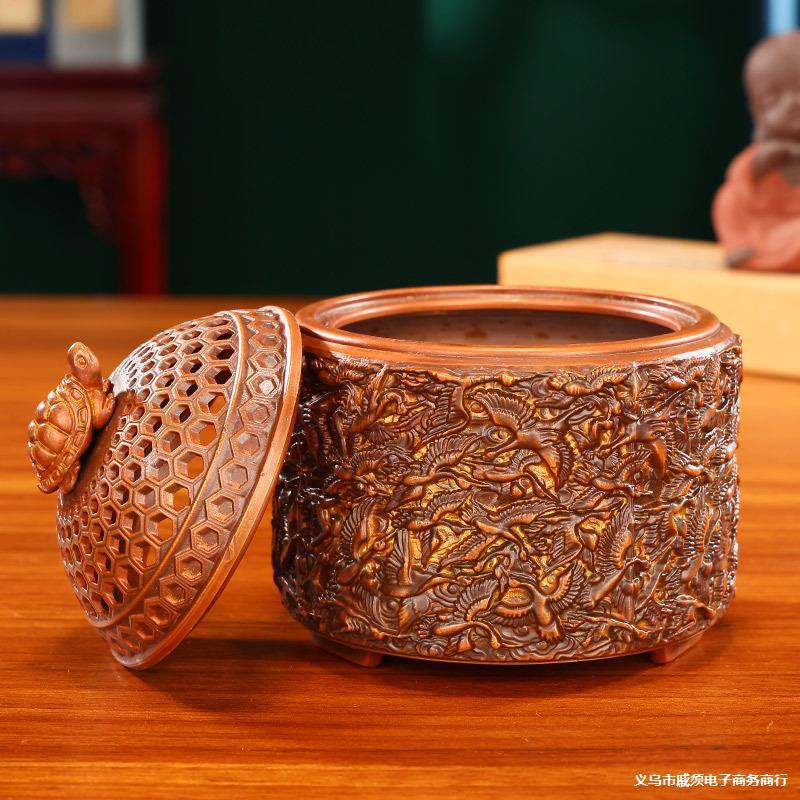 黄铜千鹤香炉家居办公室桌面龟鹤延年铜香炉工艺品摆设