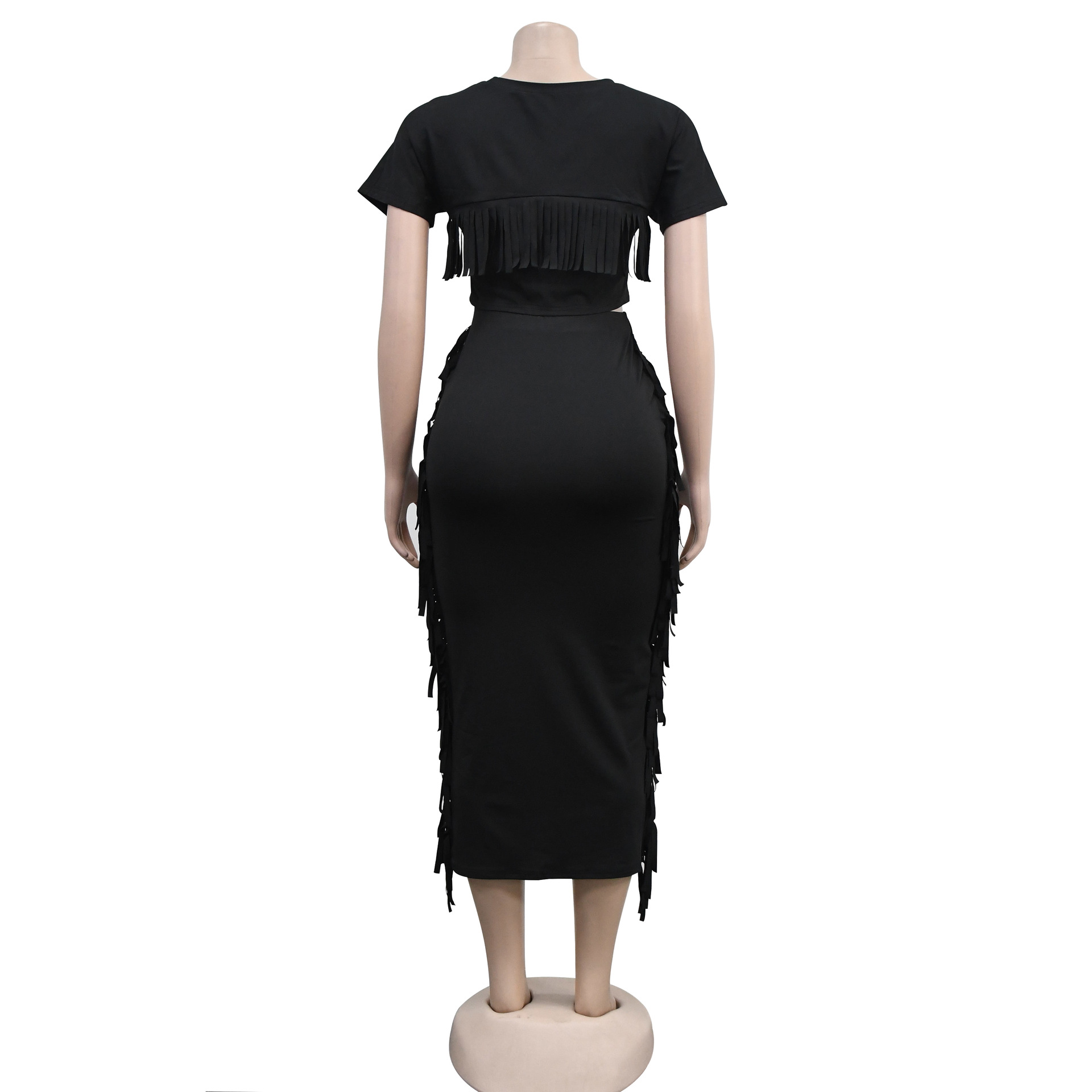 Women Wear Solid Color Tassel Round Neck Short Sleeve Two Piece Set