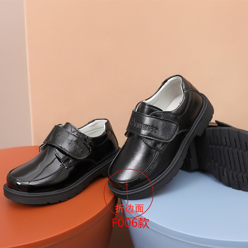 Children's Leather Shoes for Boys, Black Polished with Stick Buttons, School Leisure Formal Performance Flag-Raising Round-Toe Shoes