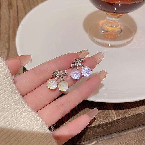 925 silver needle Korean small fresh dreamy gradient cherry earrings women's ins fashion versatile temperament zircon earrings earrings